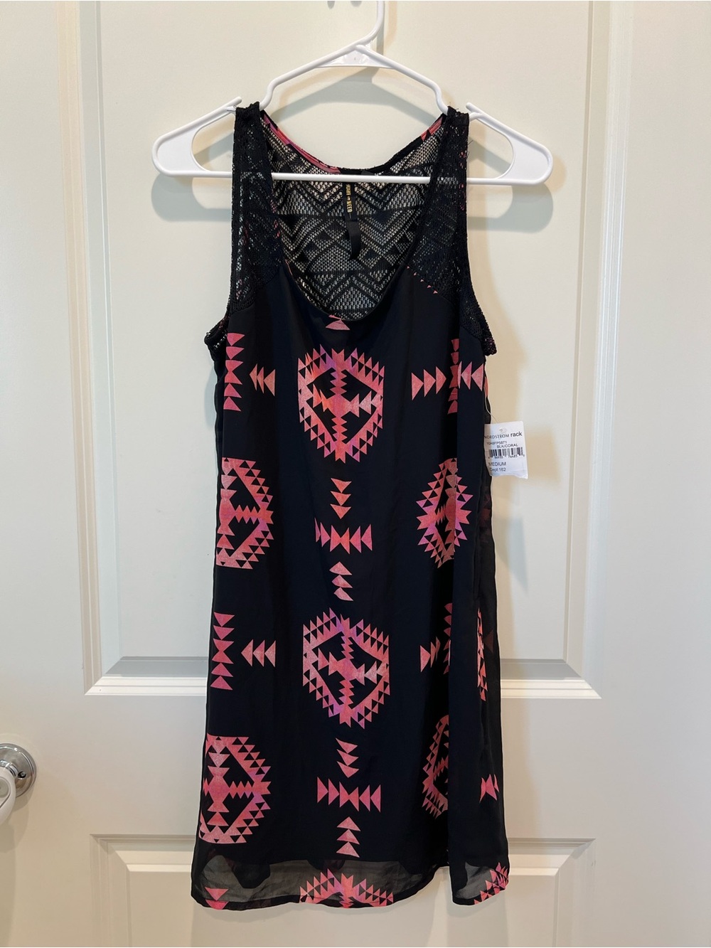 Nordstrom Black Dress with Pink Aztec Print and Lace Back